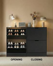 Shoe Cabinet With 2 Flip Drawers, Slim Wooden Shoe Storage Organizer For Entryway, Hallway & Living Room, Space-Saving Hidden Shoe Rack With Adjustable Shelves, Modern Entryway Furniture - màu đen - Xem 4