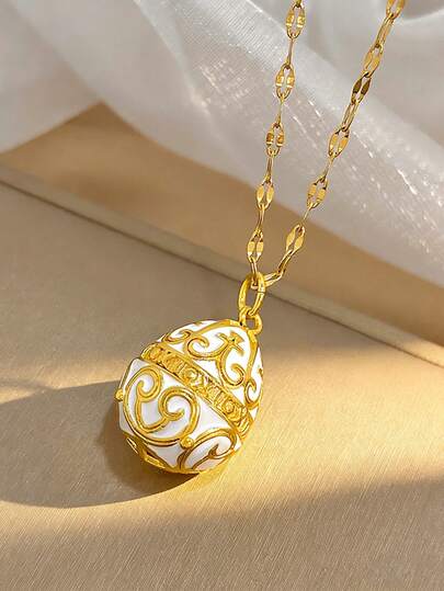 1件18K镀金白色珐琅镂空彩蛋吊坠不锈钢项链，女士奢华珠宝，适合复活节、情人节、派对、晚宴、日常佩戴、约会、狂欢节、新年、婚礼、海滩、圣诞节、周年纪念日等场合，优雅妈妈礼物，波西米亚风珠宝，生日伴娘礼物