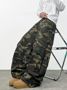 1 buah Celana Jeans Patchwork Longgar Multi-Saku Motif Kamuflase Gaya Jepang, Celana Kaki Lebar Kasual untuk Aktivitas Luar Ruangan, Sepanjang Musim - Hijau Tentara - View 6