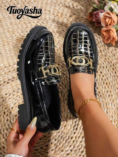 Women's Comfortable Slip-On Leather Loafers, Chunky Heel Oxford Shoes, Retro Platform Round Toe Oxfords, Suitable For Music Festivals, Halloween, Christmas