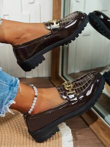 Women's Comfortable Slip-On Leather Loafers, Chunky Heel Oxford Shoes, Retro Platform Round Toe Oxfords, Suitable For Music Festivals, Halloween, Christmas - Coffee Brown - View 3