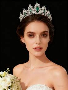 1pc European & American Fashion Queen Crown And Tiara Princess Crown, Suitable For Women And Girls, Crystal Headband, Suitable For Brides And Princesses, For Weddings And Parties, Crowns, Headpiece, Costume Crown, Hair Garland, Head Wreath - 4215 Silver Green - View 3