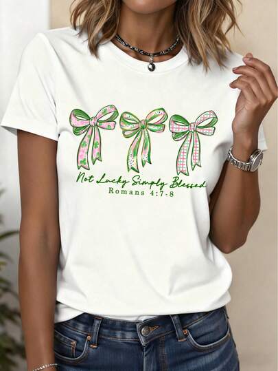 St. Patrick's Plus Size Women's Bow And Letter Print Casual Simple Loose Cute Comfortable Street Style Everyday Round Neck Short Sleeve T-Shirt