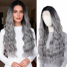 黑色渐变灰色合成蕾丝前假发，13x4英寸蕾丝，预拔毛发际线，适合时尚女性日常佩戴和派对使用，无胶耐热纤维假发 - 漸變灰色 - 查看 6