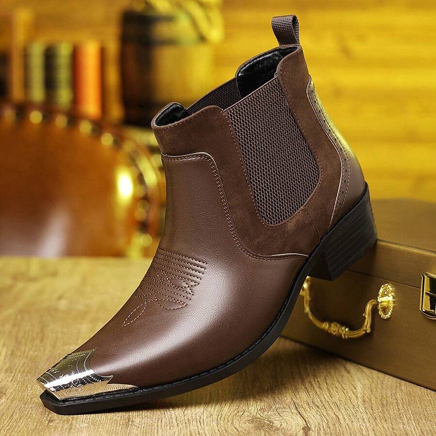 Men's Western Cowboy Boots, Steel Toed Chelsea Ankle Boots, Casual Retro Style, Classic And Comfortable Outdoor Casual Shoes - màu nâu - Xem 1