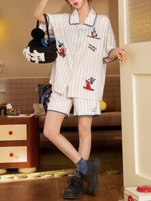 Gongdie 2 piezas Conjunto de pijama de Mickey Mouse mágico de Disney, traje de ropa de dormir de manga corta, suave y transpirable, que absorbe la humedad, para primavera/verano - Blanco - Ver 8