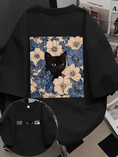 黑色猫咪花卉图案，趣味印花，复古T恤，Y2K风格，美式街头风，男女皆宜