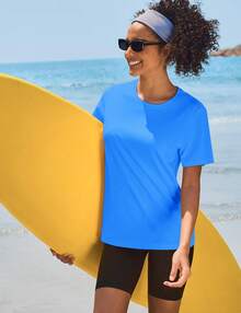KEFITEVD Women's Short Sleeve T-Shirts UPF 50+ Sun Protection Quick Dry Athletic Running Workout Rash Guard Tops - azur - Ver 3