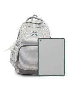 适合初高中学生的条纹星形女孩背包；通勤上学书包；户外休闲旅行包。 - 白色 - 查看 3