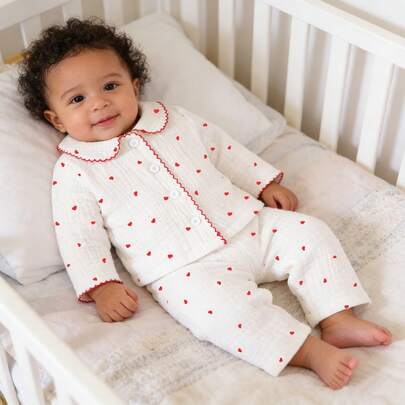 Newborn Baby Girl Cute Heart Pattern Snap Front Shirt And Simple Long Pants Cotton Outfit