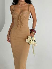 Đầm hè Onicee màu kaki phối ren, xẻ tà, dây đeo mảnh, kiểu dáng thanh lịch dành cho nữ, thích hợp cho ngày Valentine, hẹn hò, tụ họp, tiệc tùng, du lịch, nghỉ mát, đi biển. - Màu Khaki - Xem 2