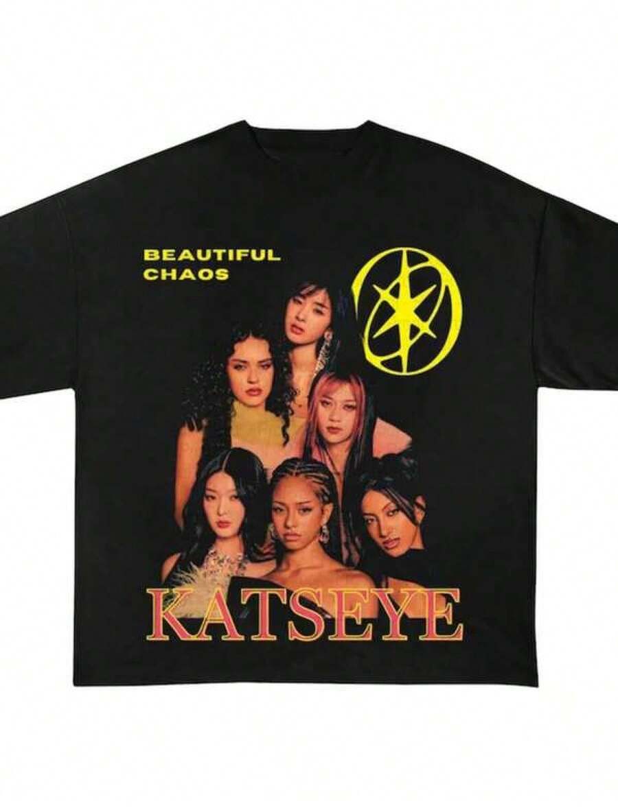 Katseye Shirt, The Beautiful Chaos Tour 2025 Shirt, Katseye Girl Group T-Shirt Vintage Katseye The Beautiful Chaos Tour Shirt, Katseye Kpop Graphics Tee, Katseye Gnarly Parent-Child Outfits - 黑色9 - 查看 1