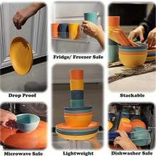 32 pièces de vaisselle pour cuisine, service pour 8 personnes, assiettes plates, assiette dessert, bols à céréales, tasses, vaisselle colorée incassable pour camping en plein air - 32 mehrfarbige Teile - Übersicht 6