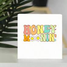 Retro 70s-Style Decorative Wood Box - White Square With Multicolored 'HONEY MORNIN'' Text (Pink H, Orange O/M/R, Yellow N/N, Light Blue E/I, Green Y, Red Star Apostrophe) & White Daisies With Yellow Centers, Whimsical Playful Design, 3D Subtle Shadow, Ideal Home Decor Accent - White - View 3