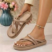 lunryet Women's Slide Sandals Comfortable Square Toe Beach Slip On Strappy Thong Flat Sandals SOFT-7 - khỏa thân - Xem 7