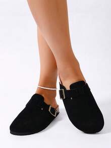 1 Pair Women's Thick Sole Buckle Footbed Sandals, New Spring Khaki Black Round Toe Slip-On Suede Flat Mules, Versatile Outdoor Casual Slippers - Black - View 3