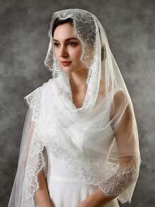 1pc Lace Trim Bridal Veil, Suitable For Church Wedding, Wedding Photography Props, No Comb Wedding Accessory - 彩色 - 查看 4