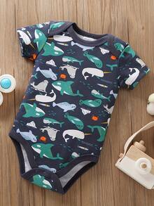 5-Piece Baby Triangle Jumpsuit, Cotton Ocean Whale Print For Boys, Baby Jumpsuit, Wrapped Bundle, Boy's Baby Clothes For Outdoor Use, Daily Home Wear. - 霧霾藍 - 查看 4