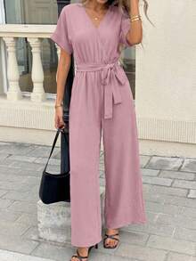 Women's Jumpsuit Casual Short Sleeve Wrap V Neck Belted Wide Leg Pants - Hồng - Xem 6