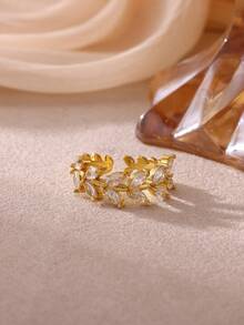 1 Pc Fashion Cubic Zirconia Green Leaf Ring For Women Gold Color Stainless Steel Open Rings Wedding Party Jewelry Gift - Multicolor - View 6