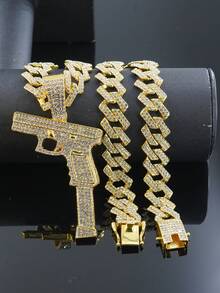 1件镶满钻石的手枪吊坠项链，时尚男士链项链，嘻哈配饰，独特礼物