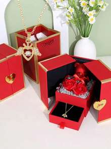 1pc Fashionable Cute Rose Gold Heart Pendant Necklace, Exquisite Soap Flower Gift Box Packaging, Perfect Gift For Girlfriend