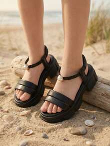 1 Pair Girls' Summer High Heel Sandals, Solid Black Simple Versatile, Double Strap Pearl Slip-On Sandals, Suitable For Beach And Daily Wear - Black - View 2