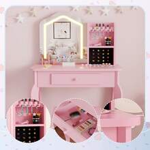 Tocador Infantil con Espejo Iluminado, Mesa y Silla para Niñas, Set de Maquillaje en Color Rosa - Rosa - Ver 3
