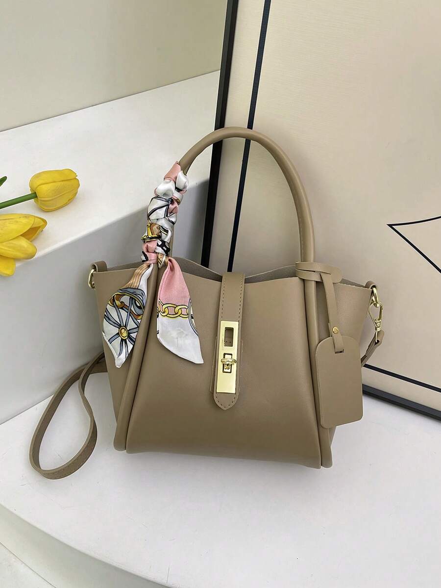 2pcs Spring New Fashion PU 2-Piece Bag Set, Women Handbag With Inner Pouch, Minimalist Commuting Shoulder Bag With Scarf Decor, Suitable For Ladies, Girls, Work Essential, Can Fit Phone, Wallet, Cosmetics