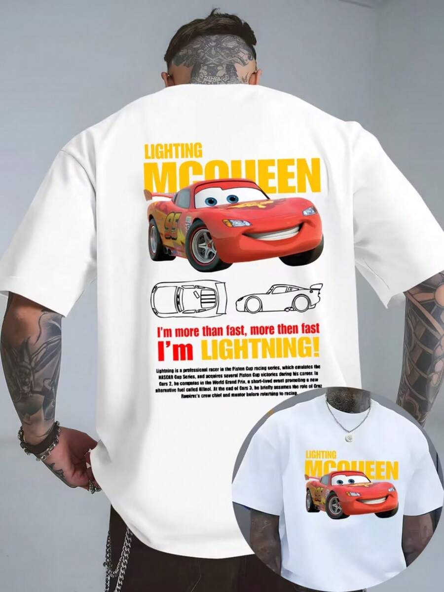 Men's Casual Fashion Disney Front And Back' Car Story' Lightning McQueen Profile Printed T-Shirt, Round Neck Comfortable Cotton Fabric, Fashionable Street Clothes Suitable For Everyday Wear, Men's Wear. - White - View 1