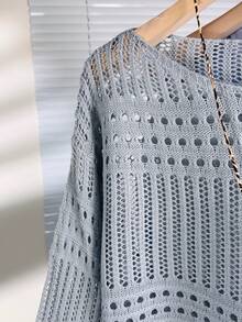 Women's Loose Knit Hollow Crochet Cover Up, Round Neck Long Sleeve Lightweight Sheer Top, Spring/Summer - Blue-gray - View 6