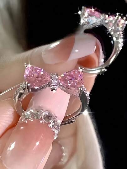 1pc Sweet & Elegant Pink Bow Heart Shaped Adjustable Ring, Suitable For Women, Everyday/Party Wear Valentines,Mom,Mother,Mother's Day,Gift