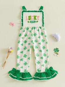 Toddler Baby Girls Spring Jumpsuit Bell Bottoms Shamrock Letter Pattern Ruffled Trim Sleeveless Overalls - Green - View 4