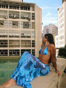 女士夏季沙滩扎染露背性感比基尼套装，含罩衫和裙子 - 彩色 - 查看 3