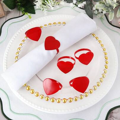 6pcs Red Heart Shaped Napkin Rings, Suitable For Wedding Party Table Decoration, Napkin Holders, Valentine's Day, Easter, Thanksgiving, Mother's Day