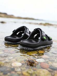 2026 Summer New Boys' Sports Slides: Black Base Double Strap Black & White Camo Style, Neon Green / White Decorative Buckle, Lightweight Rubber + Non-Slip Sole, Suitable For Indoor, Outdoor & Light Sports - Black - View 5