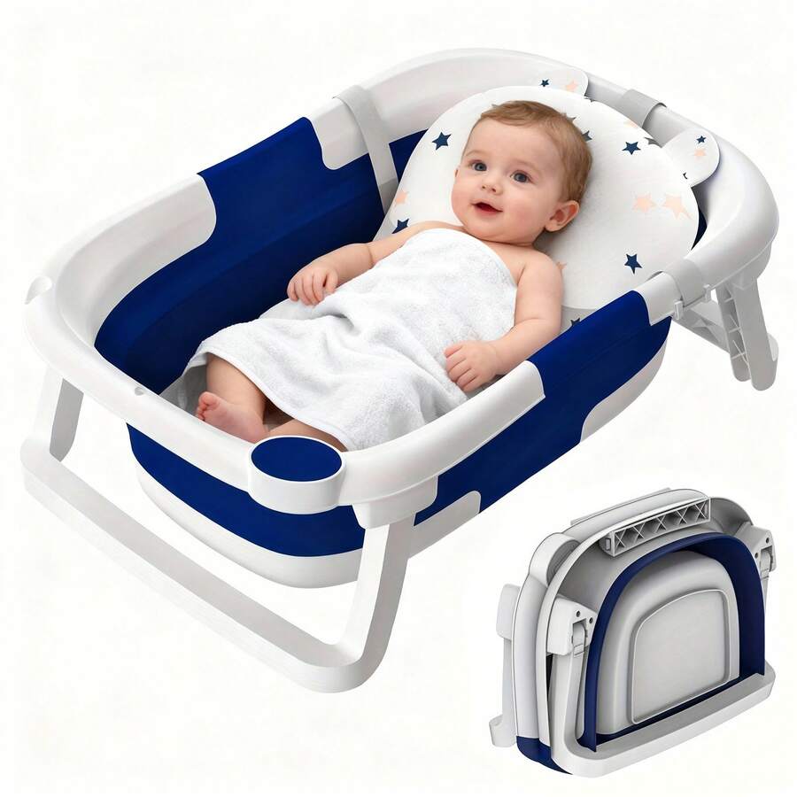 Foldable Baby Bathtub With Soft Bath Pad, Portable And Suitable For Both Home And Outdoor Use (Pink/ Gray/ Blue) - Blue - View 1