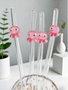 1/2pcs Reusable Glass Straw Set With Octopus Design - Transparent, Bendable Straws Perfect For Smoothies Or Cocktails; Cute Gift Set Ideal For Holidays, Back To School, Ocean-Themed Parties, New Year Or Valentine's Day - Clear - View 1