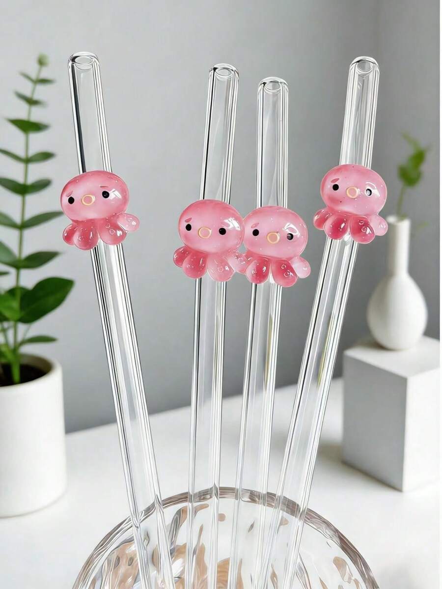 1/2pcs Reusable Glass Straw Set With Octopus Design - Transparent, Bendable Straws Perfect For Smoothies Or Cocktails; Cute Gift Set Ideal For Holidays, Back To School, Ocean-Themed Parties, New Year Or Valentine's Day - Clear - View 1