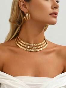 2pcs Set New Creative Minimalist Triple Line Hammered Texture Exaggerated Personalized Casual Party Street Outfit, Gold - Yellow Gold - View 5