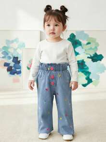 全新不对称心形刺绣休闲日常百搭牛仔裤，适合女婴 - 藍色 - 查看 6