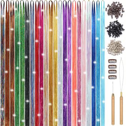 Nineibei 22 Colors Hair Tinsel Kit, 7800 Strands 48 Inch Glitter Tinsel Hair Extensions With Tools, Heat Resistant Sparkling Fairy Hair Accessories For Girls, Kids, Women Christmas Cosplay Party
