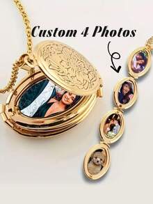 1pc Customized 4-Photo Oval Pendant Necklace, Fashion Oval Box Necklace, Mother's Day/Christmas Gift, Photo Memorial Necklace - Yellow - View 1
