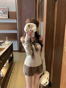 Women's Plaid Patchwork Fleece Tie-Front Bow Off-Shoulder Long Sleeve Knit Top, Spring/Summer - Khaki - View 5