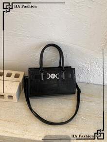 1个鳄鱼纹压花手提包，经典百搭女士单肩包，时尚斜挎包 - 黑色 - 查看 1