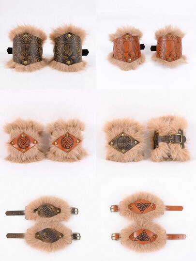 Unisex Vintage Gothic Skull Embossed Faux Fur Cuffs For Men Women, Retro Faux Leather Wrist Guards With Faux Fur Trim, Steampunk Punk Wrist Warmers For LARP, Cosplay, Festival & Medieval Costume Halloween Costume Accessory Props