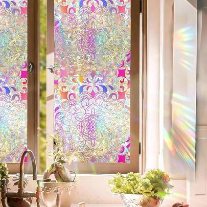 Stained Glass Window Privacy Film, Retro Decorative Rainbow Window Privacy Film Sun BlocFKing, Magnolia Flower Glass Decal,Static Cling Stickers For Living Room, Car Sunroof.(K, 17\ W X 78.74\ L)