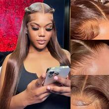 26英寸200%棕色蕾丝前假发，13x4、13x6、5x5直发蕾丝前假发，高清透明蕾丝前假发，混发，酒红色#4染色，预先拔毛，带婴儿发 - 棕色 - 查看 5