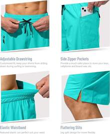 Men's Swim Trunks Quick Dry Board Shorts With Zipper Pockets Beach Shorts Bathing Suits Men - No Mesh Liner - 青色 - 查看 6