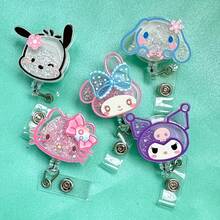 5pcs Sanrio Cute Floating Glitter Hello Kitty & Cartoon Character Retractable Badge Reel - Doctor/Nurse/Teacher/Office Badge - Multicolor - View 1